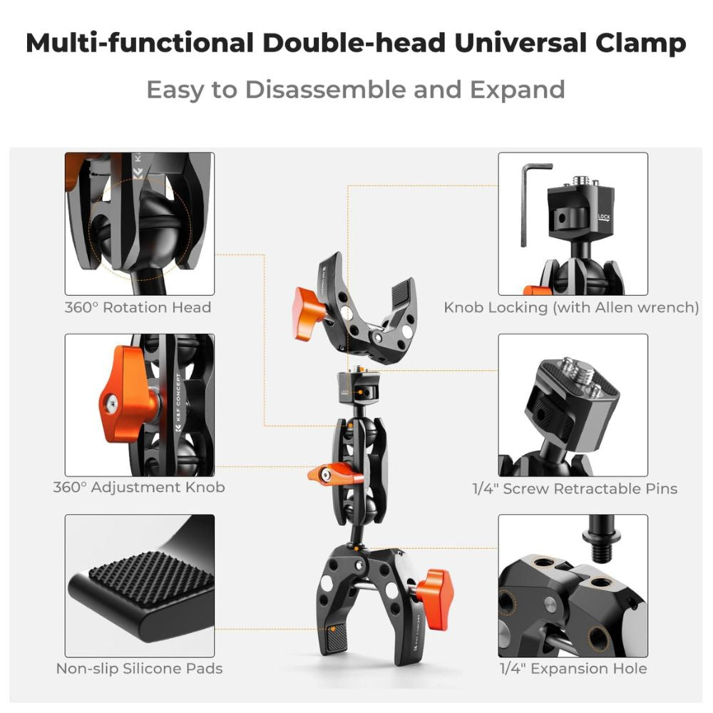 K&F Concept Universal Super C Clamp with 360° Dual Head Magic Arm, 18-60mm Clamping Surface, 1/4"-20 Expansion Ports, & 1.5kgs Load Capacity for Smartphone Clip, Fill Light, Compact, DSLR, SLR, Mirrorless, Panoramic, Action Cameras