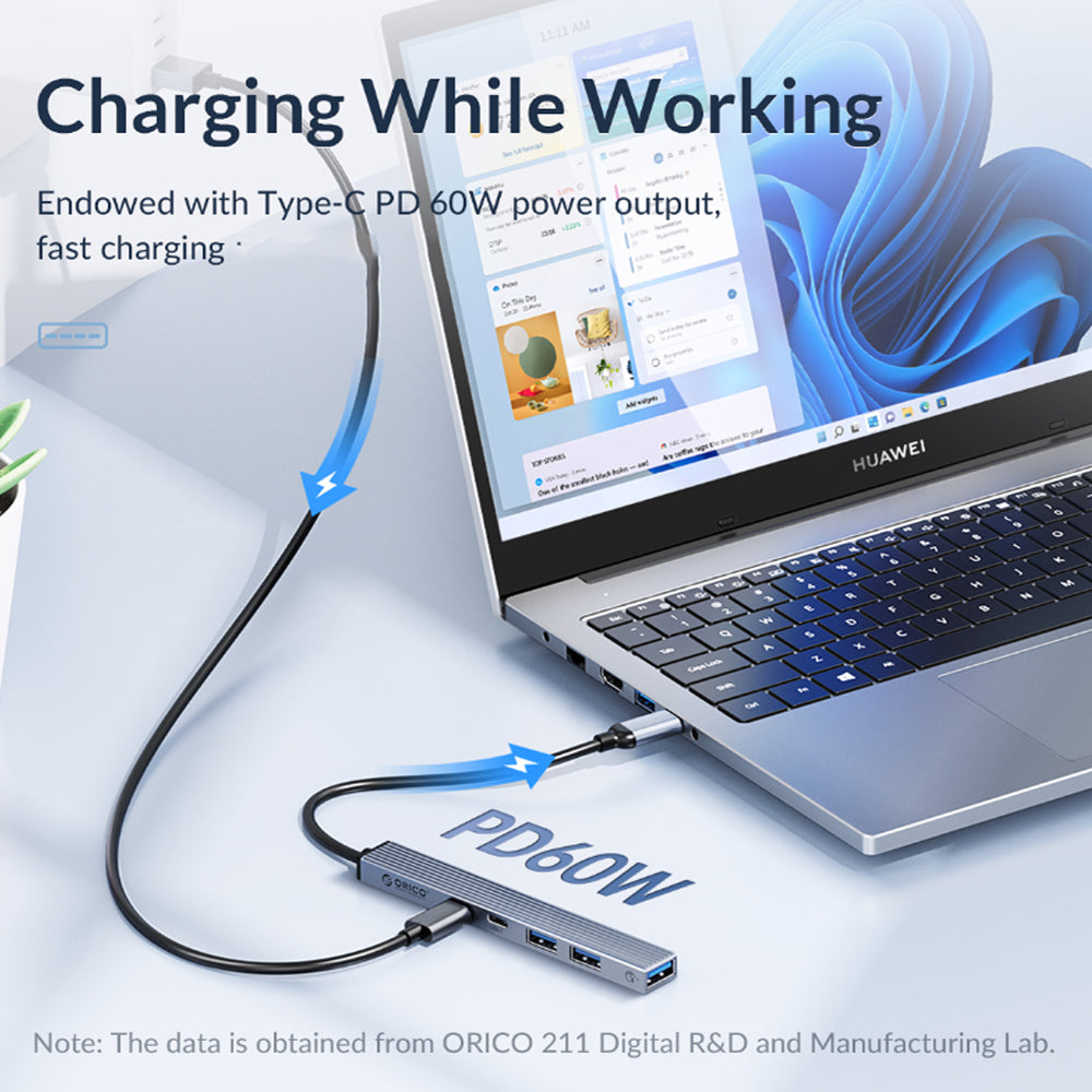 [CLEARANCE] ORICO 5-Port USB-C Hub with PD 60W, USB-A 2.0, and USB-A 3.0 for Windows Mac OS Linux PC Computer Desktop Laptop | BHC2-5P