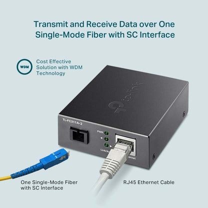 TP-Link TL-FC311A-2 Gigabit RJ45 to 1000Mbps Single Mode SC WDM Bi-Directional Media Fiber Converter Extends Up to 2km, Supports Auto-MDI/MDIX, Half/Full Duplex Wireless Networking