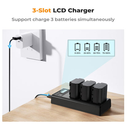 K&F Concept NP-FZ100 (3-Pack) 2280mAh Rechargeable Camera Battery and Triple Slot Charger Kit with USB Type-C / Micro B Input Fast Charging for Sony Alpha A7 III, A7R III (A7R3), A9, a6600, a7R IV, Alpha a9 II, Alpha 9R (A9R), Alpha 9S (A9S)