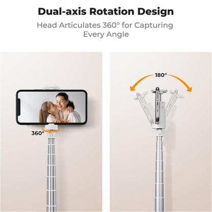 K&F Concept Rotatable Automatic Tripod Selfie Stick with 9-Button Bluetooth Remote, 68.9" (157cm) Max Height, Cold Shoe Mount, Quick Open & Fold Magnetic Legs for Smartphone Live Streaming Travel & Content Creation - White, Black