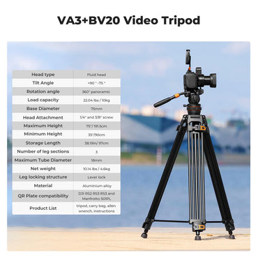 K&F Concept 360 Degree Fluid Head 3-Section Professiol Video Tripod with 10kg / 8kg Max Load Capacity, 1.9m Max Height, Hydraulic Dampening Panoramic / Tilt and 1/4" 3/8" Threaded Mounts for DSLR Mirrorless Cameras | VA3+BV10 VA3+BV20