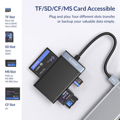 [CLEARANCE] ORICO CL4T-A3 4-in-1 USB 3.0 Aluminum Alloy + ABS Card Reader 5Gbps Transmission Speed with High Efficiency 2T Data Large Capacity TF (Micro SD), CF, SD, and MS for Windows, Mac OS, and Linux - Black