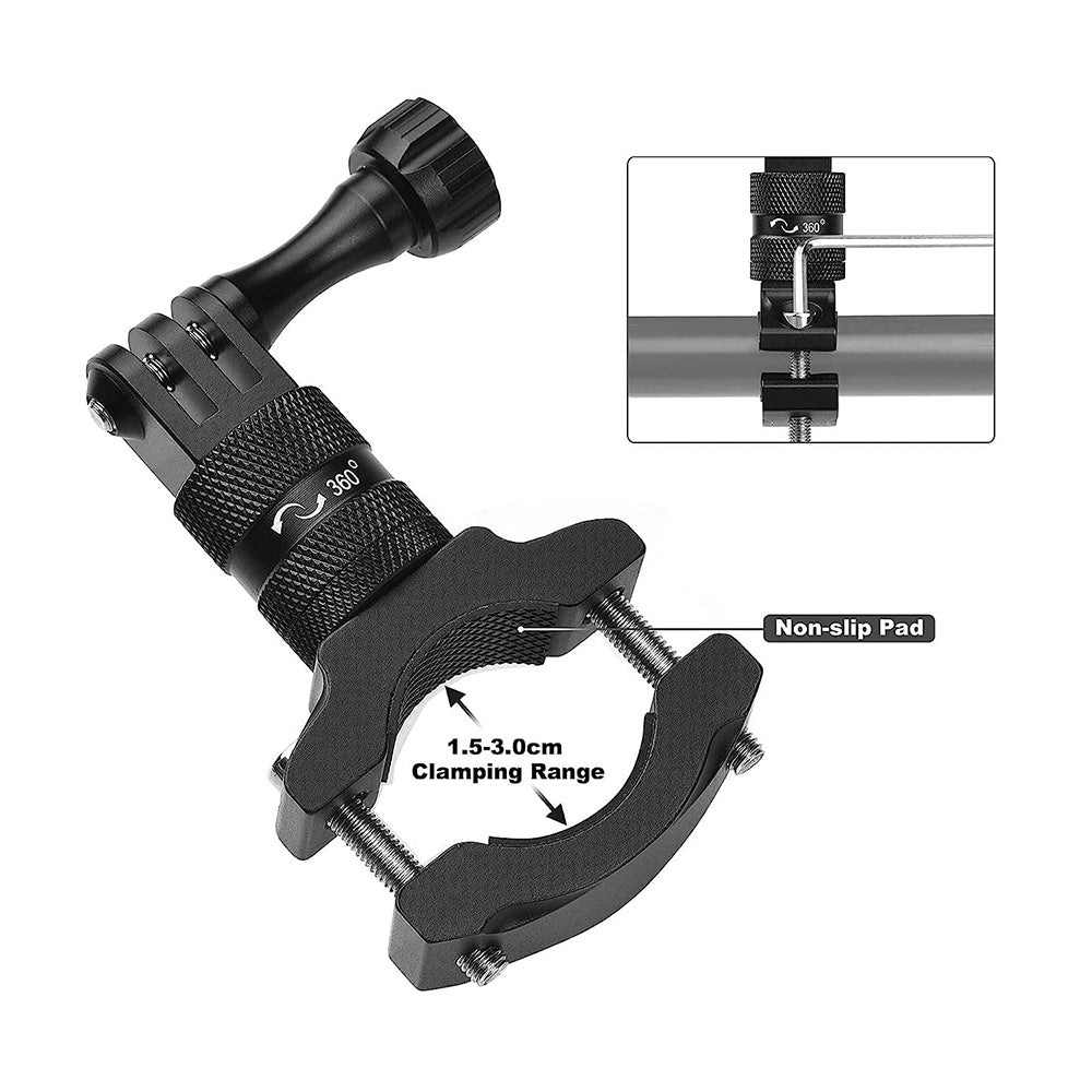 Pxel Bicycle Motorcycle Handlebar Aluminum Alloy Mount Clamp for Action Camera with 360° Smooth Rotation & Adjustable Clamping up to 22-34mm Diameter for GoPro Hero, Insta360 and DJI Osmo Action | AA-AC3