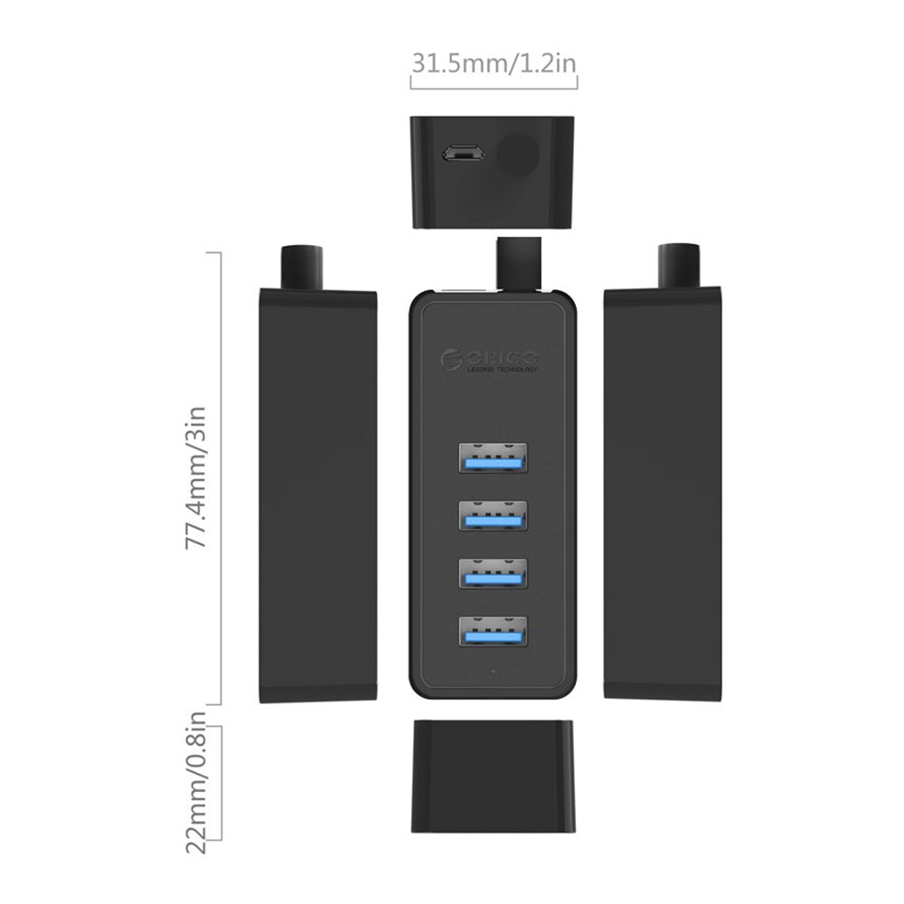 ORICO 4-Port USB 3.0 Hub with 5Gbps Transmission Rate, Power Supply Port, and Windows, MacOS, and Linux Support for Computers and Laptops