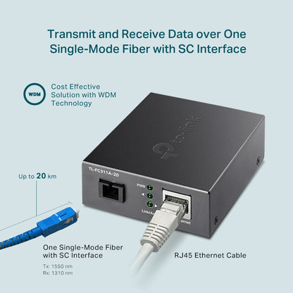 TP-Link TL-FC311A-20 Gigabit RJ45 to 1000Mbps Single-mode SC WDM Bi-Directional Media Fiber Converter Extends Up to 20km, Supports Auto-MDI/MDIX, Half/Full Duplex Wireless Networking