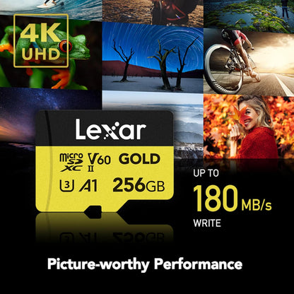 Lexar Professiol 256GB 128GB Gold MicroSDXC SDXC UHS-II V60 A1 U3 Class 10 Micro SD Card with 4K UHD Video RAW Photo Shutter Burst Support, Max 280MB/s Read Speeds for Cameras and Android Devices