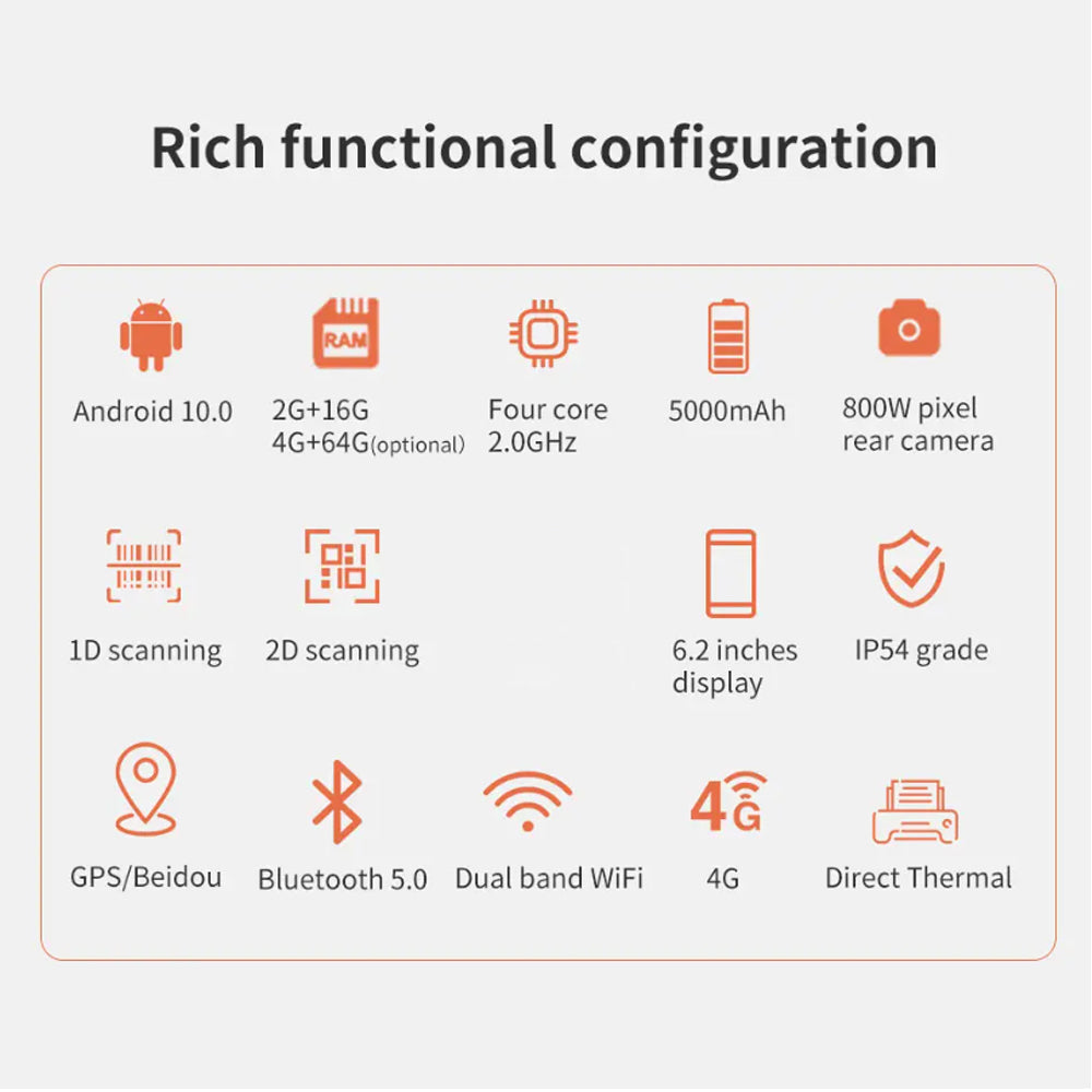 LogicOwl 1D 2D Portable PDA POS Terminal Scanner and Thermal Printer with 2350mAh Battery, 4G GPS, Dual Band WIFI and Bluetooth Connection, 8MP Camera,  6.2 Display, IP54 Grade for Point of Sale and Cashier | OJ-H3