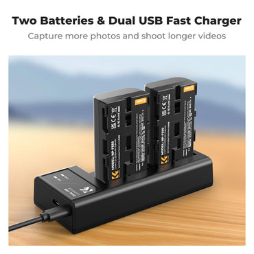 K&F Concept NP-F550 2pcs (2-Pack) 2200mAh Battery + Dual Bay Charger Set Kit, Fully Decoded, USB Type-C / Micro USB Ports for Sony Camcorders