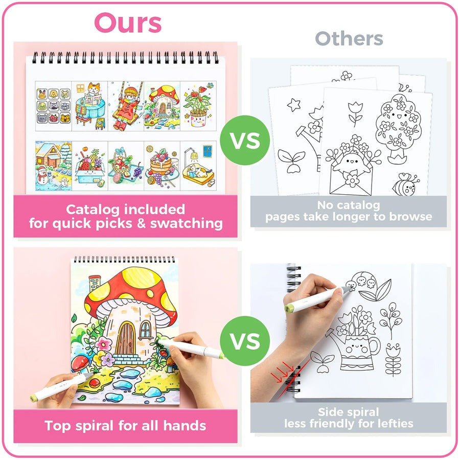 Ohuhu Double Sided Bleed Proof Coloring Book Pad with 20 Pages 40 Designs Top Spiral for Arts Crafts Kids Color Sketch