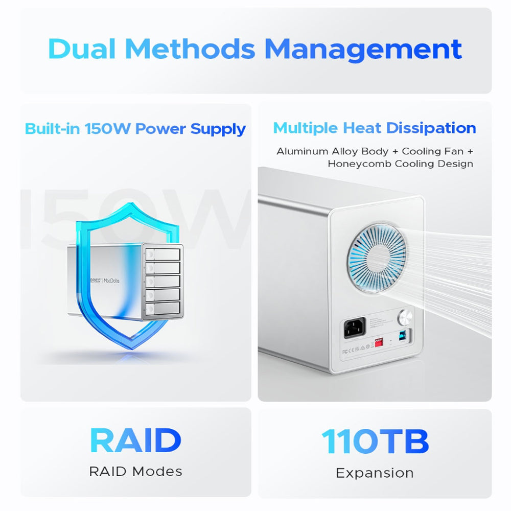 ORICO MacData Vault 5-Bay RAID DAS Solution 5GBPS USB 3.0 Hard Drive Enclosure for 2.5-3.5" SATA SSD/HDD with 110TB Max Storage & Built-In 150W Power Supply for Computer Desktops & Laptops (Windows, MacOS & Linux)