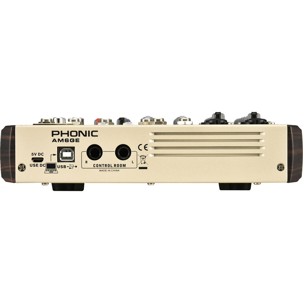 Phonic AM-6GE Gold Edition 2-MIC/LINE 2-Stereo Input Compact Mixer with 2.4GHz Wireless Bluetooth, TF Recorder, Powered by USB with Power Adapter, and USB-C Cable