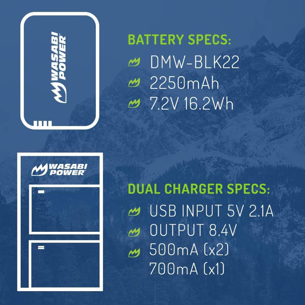 Wasabi Power (2-Pack) DMW-BLK22 Battery & Charger for Panasonic Lumix G95 G90 G85 GH5 GH5 II G100 G9 Digital Cameras | DMW BLK22 DMWBLK22