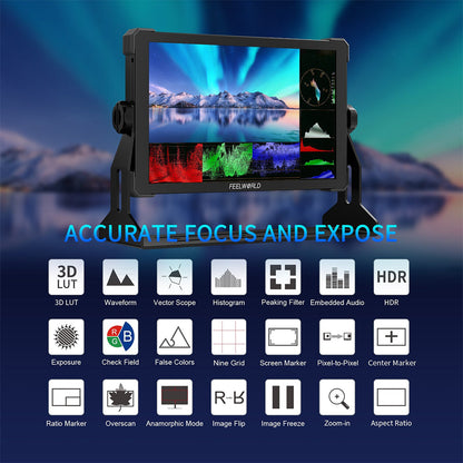 FEELWORLD T10 (10.1") 500nit IPS On-Camera Field Monitor with Touch Screen Control, HDMI In & Out with 4K 60Hz Support, HDR, 3D LUT, Waveform, and NP-F970 Battery Slot and Exterl Install Plate for Camcorders, DSLRs, and Mirrorless