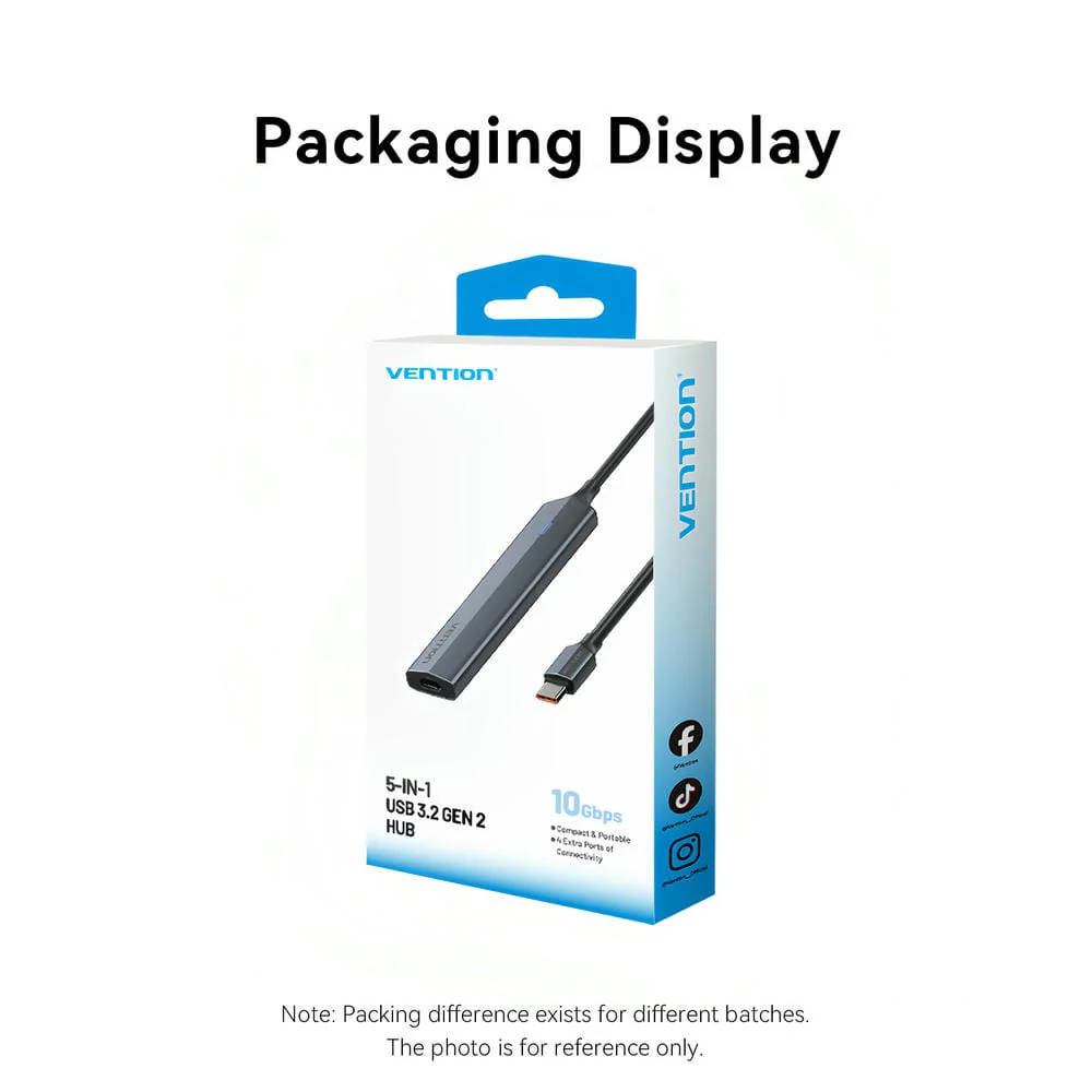 Vention 5-in-1 USB 3.2 Gen 2 Type-C Hub with 10Gbps High-Speed Data Transfer, LED Indicator, USB-C Input for PC, Desktop, Computer, Laptop, Tablet and Smartphone - Windows, macOS, Linux & Android Operating Systems