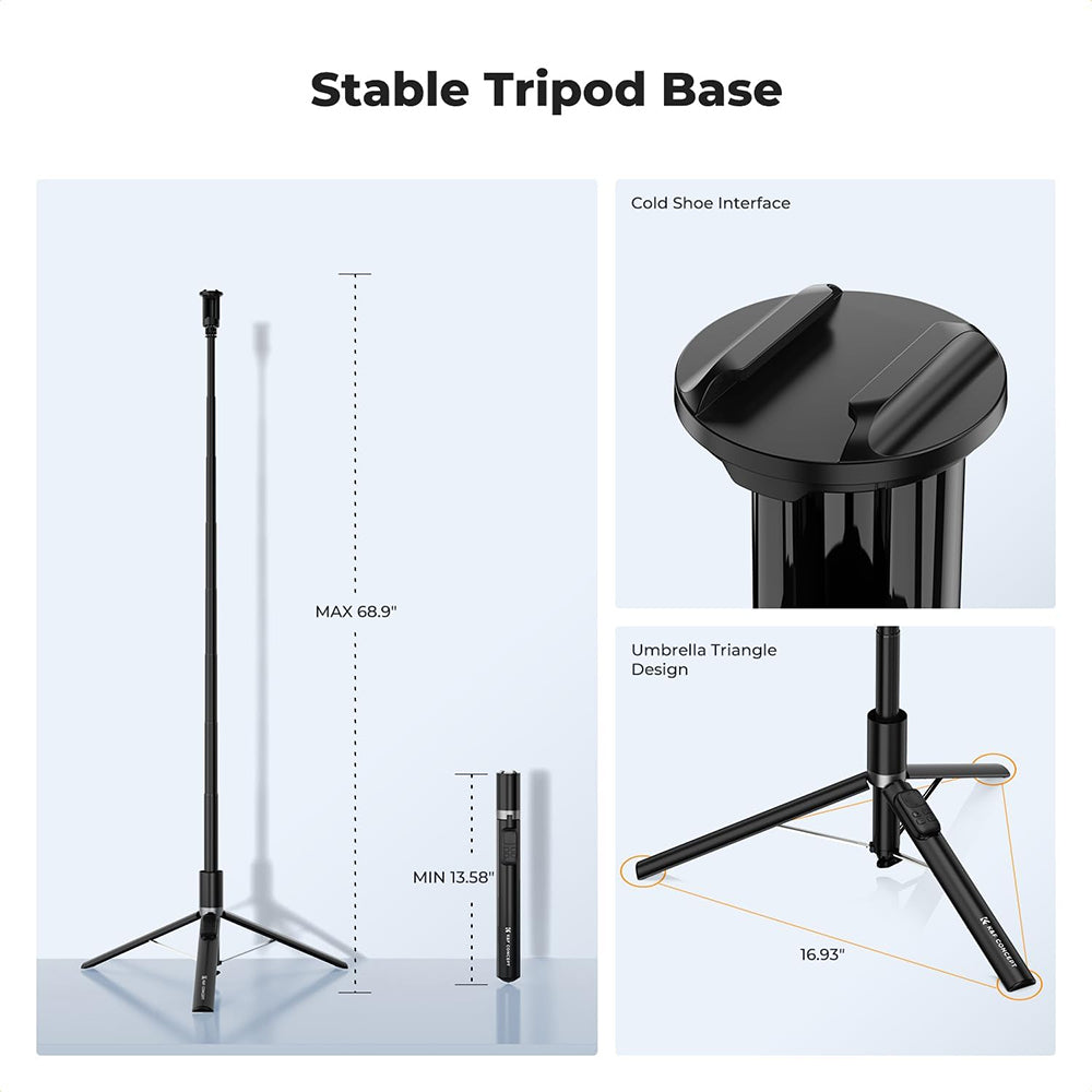 K&F Concept Rotatable Automatic Tripod Selfie Stick with 9-Button Bluetooth Remote, 68.9" (157cm) Max Height, Cold Shoe Mount, Quick Open & Fold Magnetic Legs for Smartphone Live Streaming Travel & Content Creation - White, Black