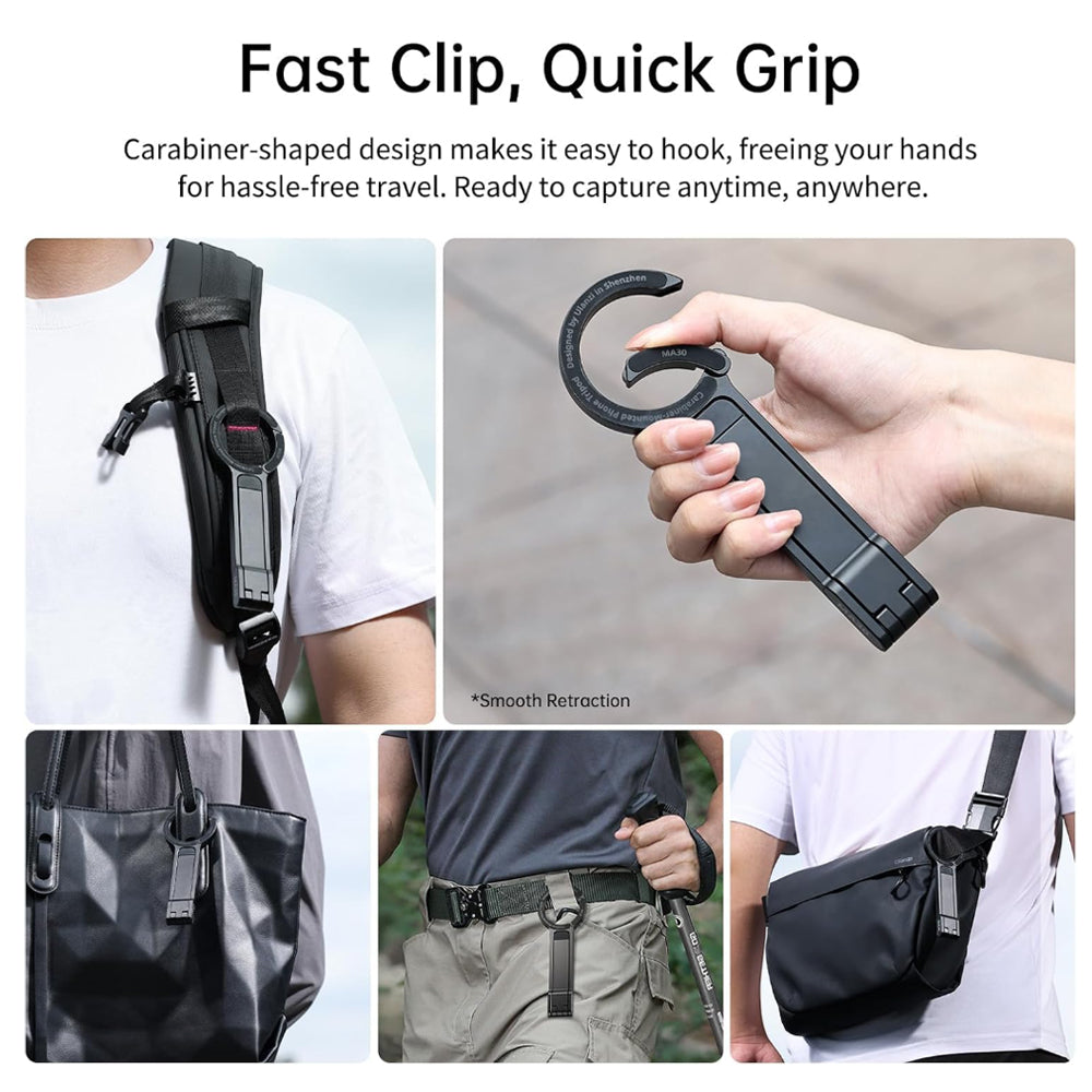 Ulanzi MA30 Foldable Portable Dual MagSafe Smartphone Tripod with Carabiner Mounted Hook for iPhone 12 - 15 / 16 Pro Max - Live Streaming, Online Meeting, Vlogging and Action Photography | M056, M060, M076, M077