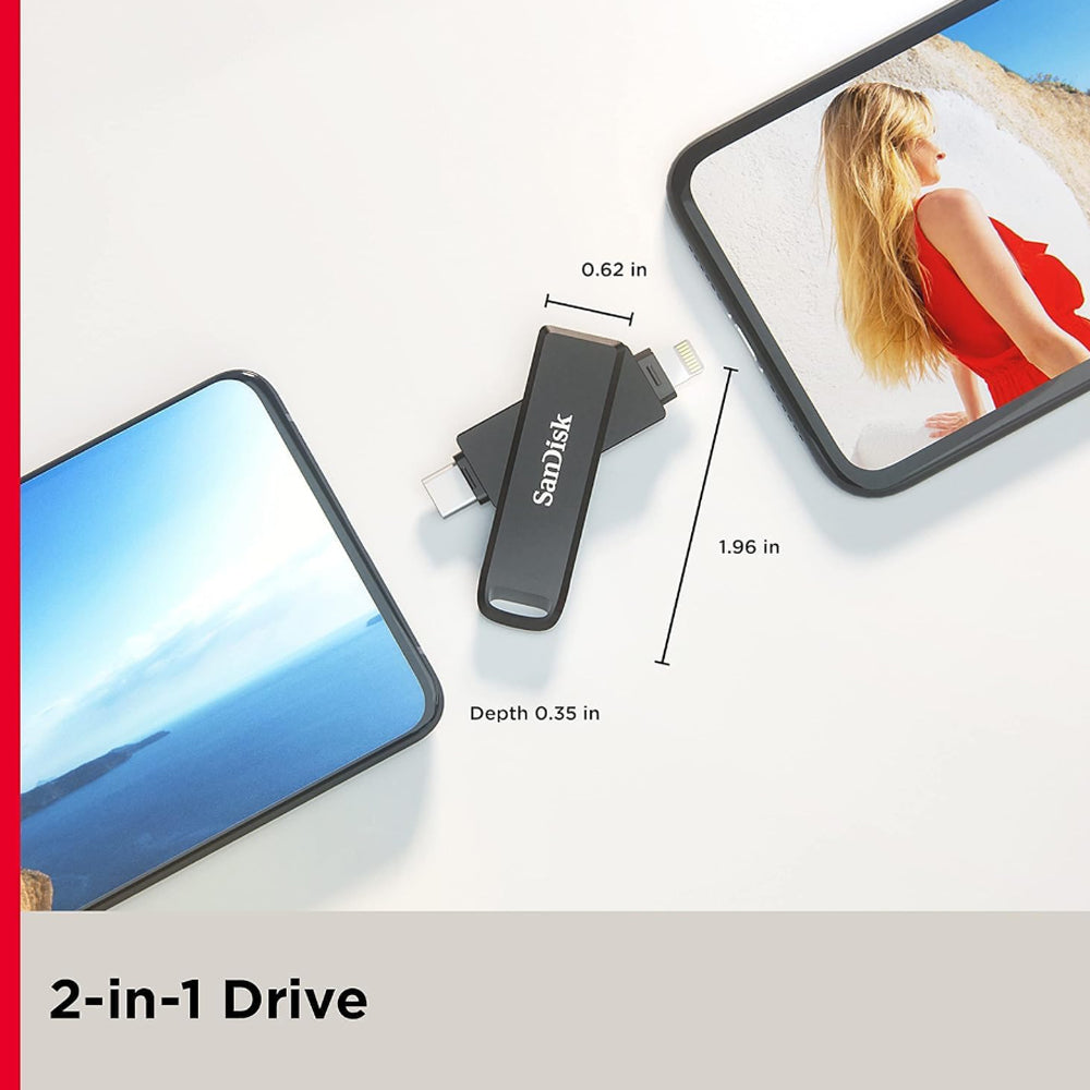 SanDisk iXpand Luxe 64GB 128GB 256GB USB 3.2 Gen 1 Type-C and Lightning OTG Flash Drive with Password Protection and PC Computer Mobile OS Support