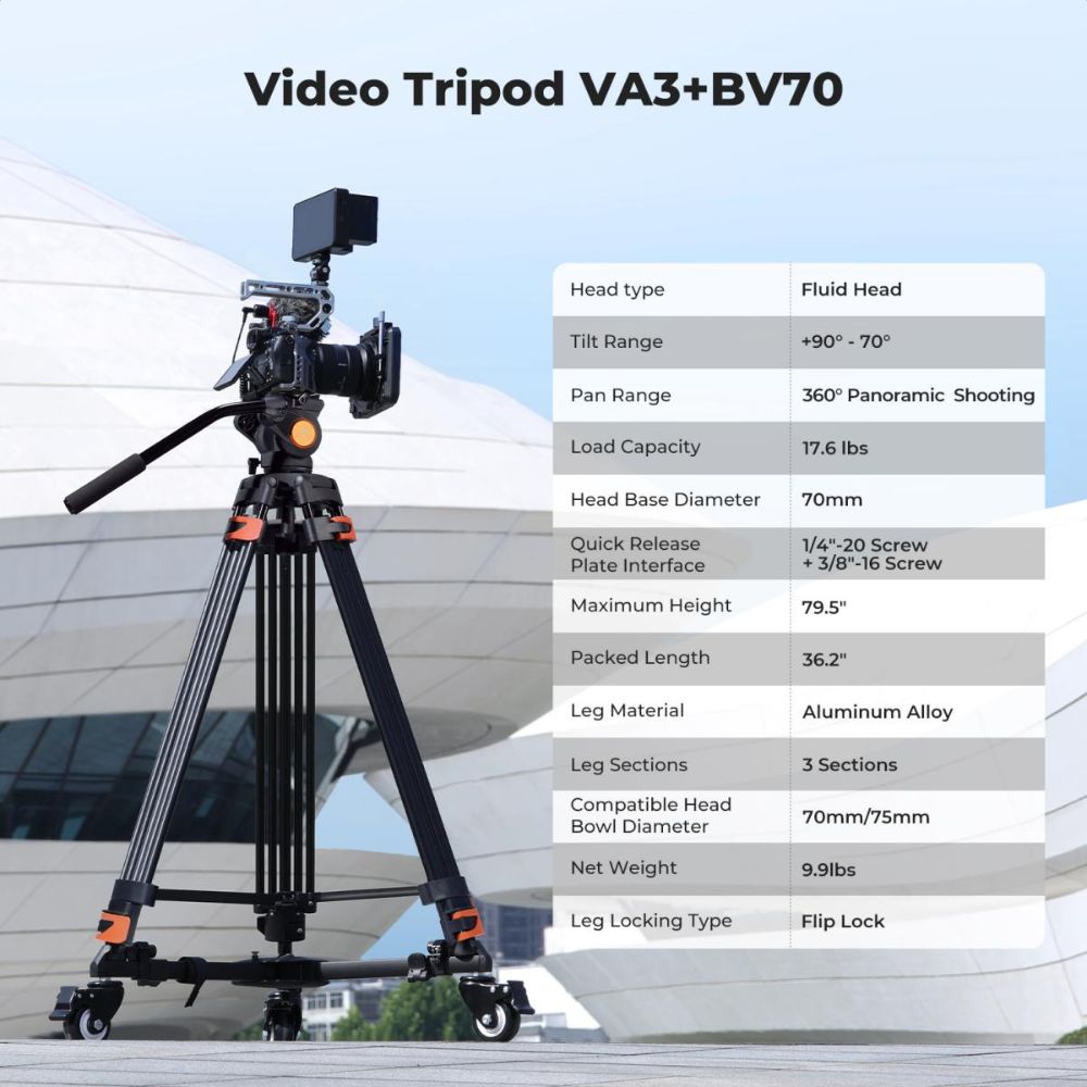 K&F Concept VA3+BV70 360° Fluid Head Video Tripod