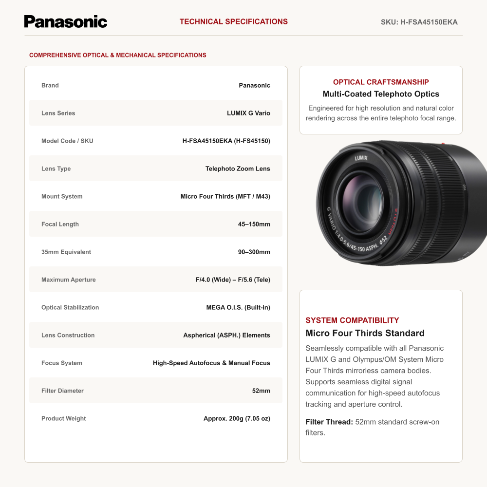 Panasonic Lumix G Vario 45-150mm F/4.0-5.6 ASPH. Telephoto Zoom Camera Lens with MEGA O.I.S.