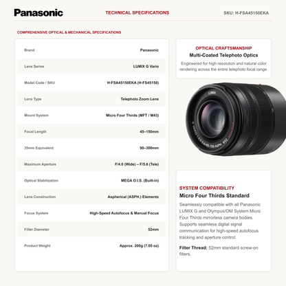Panasonic Lumix G Vario 45-150mm F/4.0-5.6 ASPH. Telephoto Zoom Camera Lens with MEGA O.I.S.