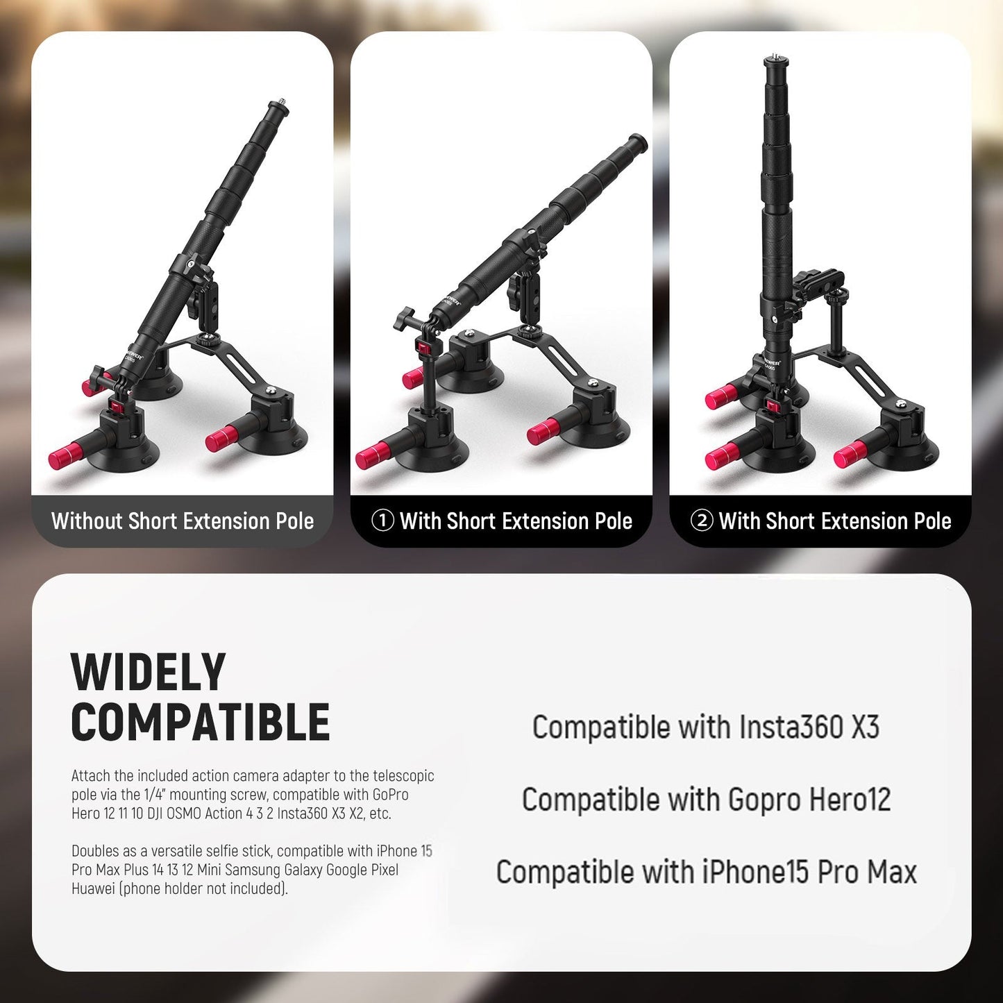 Neewer CA065 Action Camera / Smartphone Triple Powerful Triangular Structure Suction Cup Car Mount Kit Set with 360° Dual Ball Head, 4 Section Telescopic Extension Pole for Videography & Content Creation | 10103631