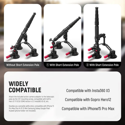 Neewer CA065 Action Camera / Smartphone Triple Powerful Triangular Structure Suction Cup Car Mount Kit Set with 360° Dual Ball Head, 4 Section Telescopic Extension Pole for Videography & Content Creation | 10103631
