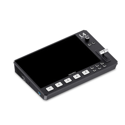 Feelworld L4 10.1" Touch Screen Display 5-Channel Inputs Multi-Format Video Mixer & Switcher HD Multi-Camera Video Live Streaming Device with HDMI, 3G SDI, USB-A, USB 3.0, RJ45 LAN, 3.5mm AUX Ports