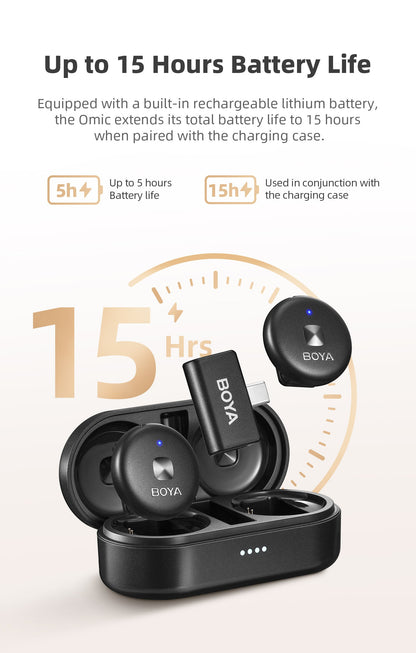 [CLEARANCE] BOYA Omic-U 2 Person Dual Channel 2.4GHz Wireless Omnidirectional Microphone System USB Type-C w/ 50m Max Range, HD Audio & Noise Cancellation, Detachable Magnetic Belt Clip and Wireless Charging Case for Vlogging