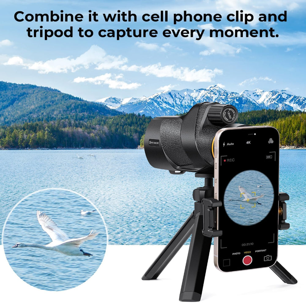 K&F Concept 12X50 Waterproof Monocular Telescope with Multi-Coated BAK-4 Prism Lens, Mobile Phone Mount Adapter, and Tripod for Outdoor Sports Hunting Hiking Camping Travel Photography