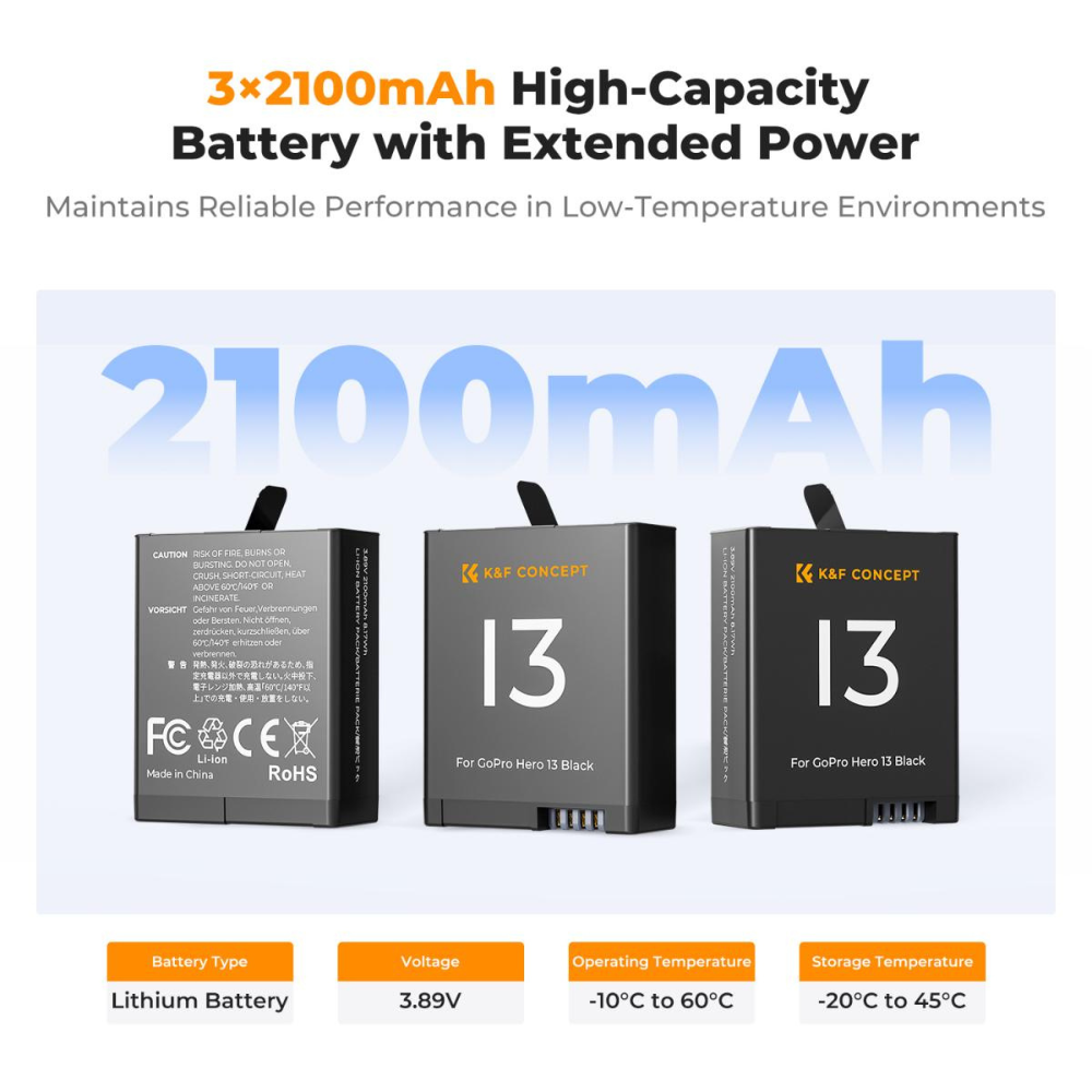 K&F Concept 3-Pack GoPro Hero 13 Action Camera Battery & Triple-Slot Charger Kit with 2100mAh Capacity, LED Light Indicator, USB-C Charging Cable & Port
