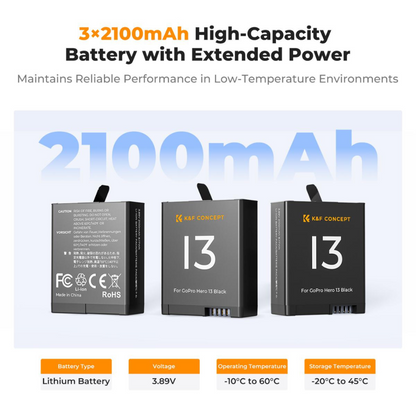 K&F Concept 3-Pack GoPro Hero 13 Action Camera Battery & Triple-Slot Charger Kit with 2100mAh Capacity, LED Light Indicator, USB-C Charging Cable & Port