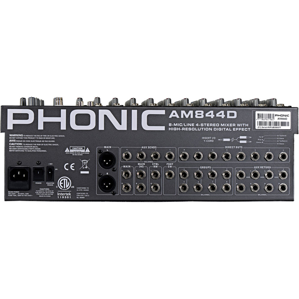 Phonic AM-844D 8-MIC/LINE Mono Channels, 4-Stereo 4-Group Recording Mixer  with DFX, USB Interface, 3-Band EQ, 10 Microphone Preamps, and Direct