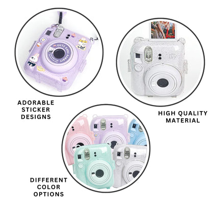 [CLEARANCE] Pikxi 3-in-1 Transparent Glitter Instant Camera Case for FUJIFILM Instax Mini 12 Film Cameras with Cartoon Patch Sticker Set and Body Strap