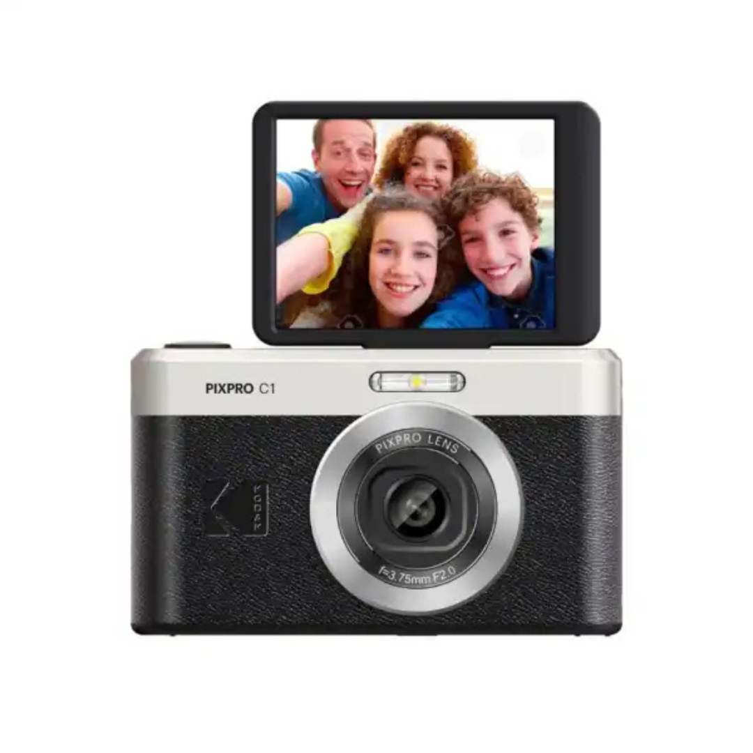 KODAK PIXPRO C1 Compact Digital Camera with 16GB TF Card & Card Reader Bundle Set, 180° LCD Flip Screen, 26mm Fixed Focus Lens, 4x Digital Zoom, 13MP CMOS Sensor, Full HD Video, Built-In Li-Ion Battery | Black Brown