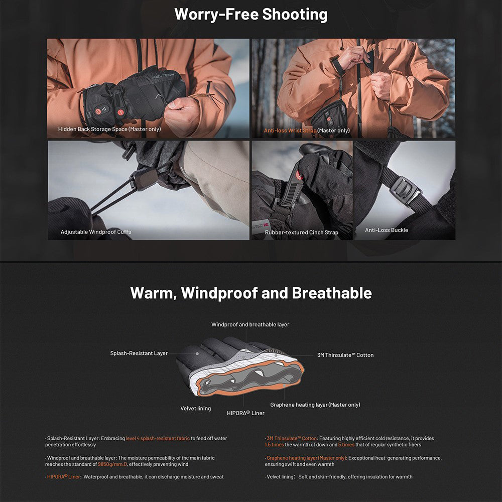 PGYTECH Master Photography Gloves for -35°C~0°C Shooting Temperature with Graphene Heating, 4000mAh USB-C Battery with Power Bank Function, Splash-proof and Breathable Fabric, Fold-Back Finger Cap, and Anti-Slip Grip Design