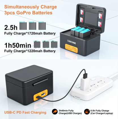 ZGCINE PS-G10 / PS-G10 Kit 3 Battery Charging Case with 3 1800mAh Batteries for GoPro HERO 10/9/8/7/6/5, 10,400mAh Power Bank with USB-C Input/Output, 3-Slot Charger & 4 MicroSD Card Storage – Portable Charger for GoPro Action Cameras