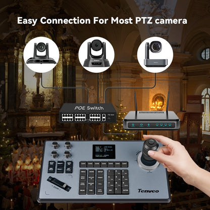 Tenveo TEVO-KB200 PTZ Camera Keyboard Controller with 4D Joystick, Alphanumeric Keyboard, and Up to 7 Programmable Shortcut Control Keys for Ethernet Network Webcams