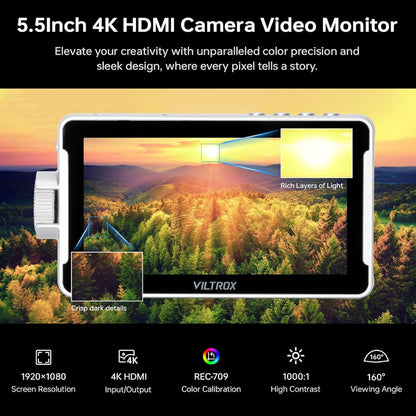 Viltrox DC-V1 5.5" On-Camera IPS Touchscreen Video Camera Monitor with 4K 60Hz, 1920 x 1080 Resolution, HDMI Input / Output, 3D LUTs, USB Type-C Power, Built-in  Magement Tools and L-Series Battery for Content Creation