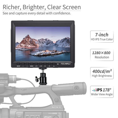 FEELWORLD FW759 7" IPS On Camera Field LCD Video Monitor with 4K HDMI AV Input / Output, 400Nits Brightness, Video Assist Functions, F970 Battery Plate Mount Input Power