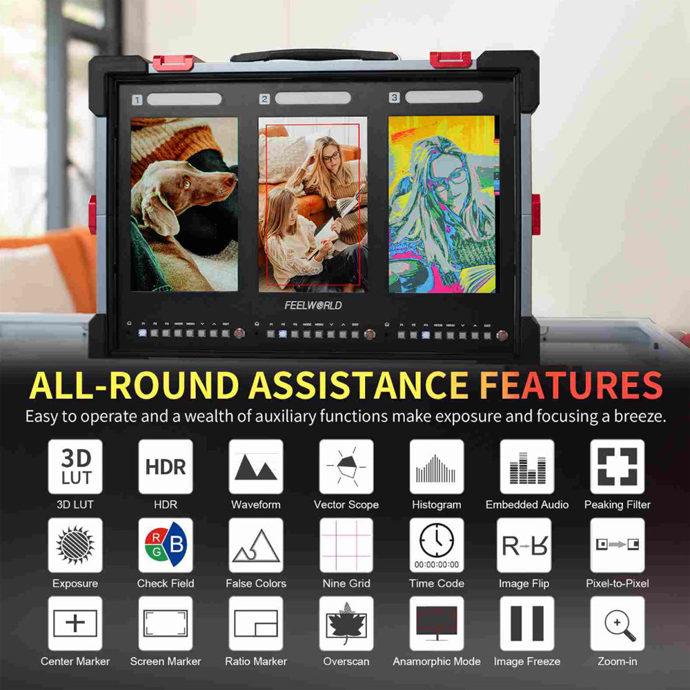 FEELWORLD PS101 Triple 10.1" IPS Vertical Screen Carry On LCD Video Monitor w/ HDR, 4K HDMI / 1080p 3G-SDI Input Output, 1000 Nits, Load Custom 3D LUTs, 3 Tally Signal Lights, Full Programmable Buttons & V-Mount Battery Plate