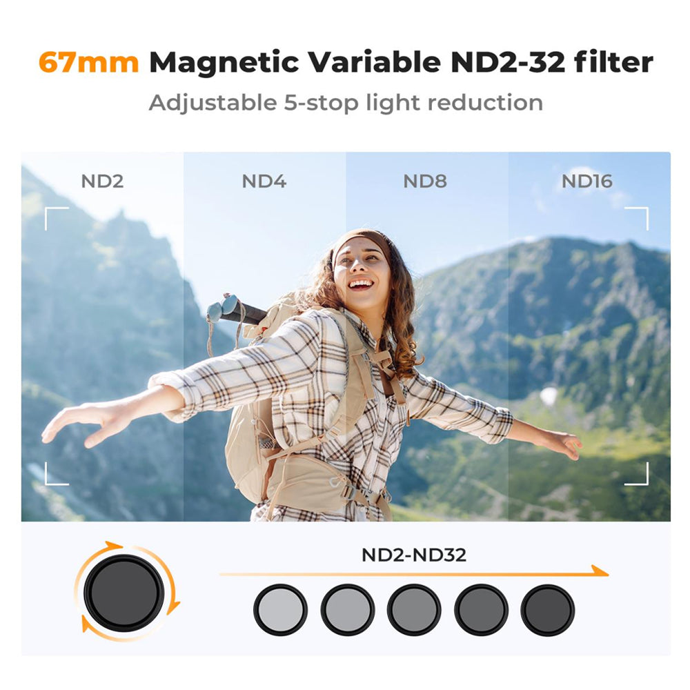 K&F Concept 67mm VND (1-5 Stops) Variable Neutral Density Magnetic Lens Filter for iPhone 15 14 13 12 11 Smartphone with Clip and Cold Shoe Mount