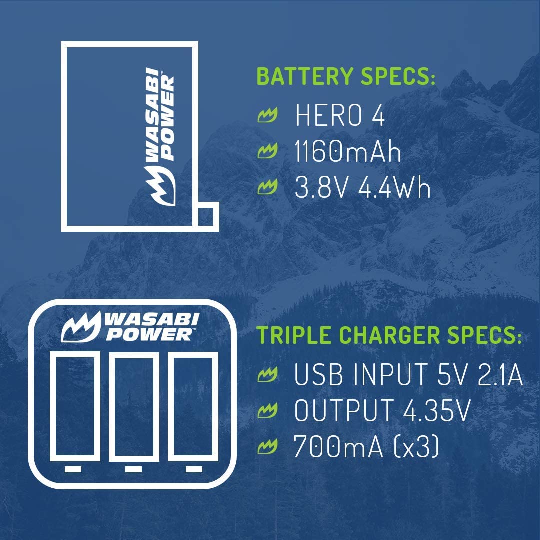 Wasabi Power AHDBT-401 (2 Pack) 3.8V 1160mAh Battery and Triple Charger Kit with Power Indicators with USB Mini / Micro Ports for GoPro AHBBP-401 and Go Pro HERO4 HERO3 HERO3+ Action Camera
