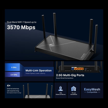 TP-Link Archer BE230 BE3600 Dual Band Home WIFI 7 Router with 3.6Gbps Wireless Speeds, 2.5Ghz / WAN / LAN Ports, 4x Exterl Antens, EasyMesh Compatible, and HomeShield Security Support
