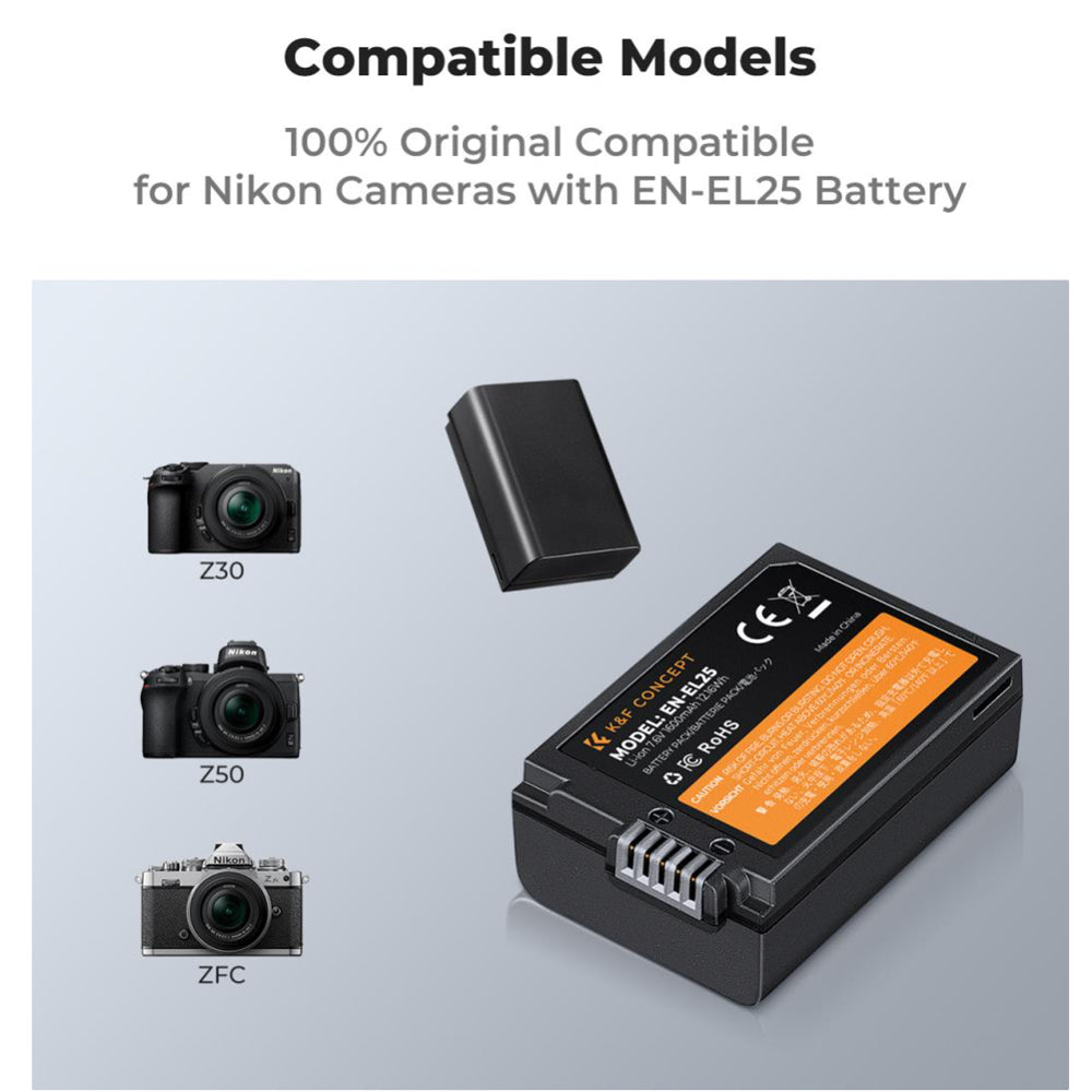 K&F Concept EN-EL25 EN-EL25A 1600mAh Battery and Charger Set (2-Pack) for Nikon Z 30 Z 50 Z fc Mirrorless Camera with LCD Display, Micro USB & Type C Charging Slots | ENEL25 EN EL25