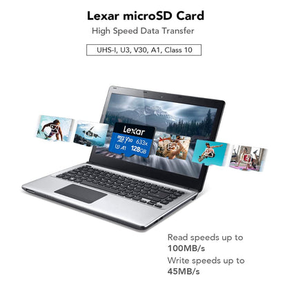 Lexar Professiol 128GB High Performance 633x Blue Series MicroSDXC V30 A1 U3 UHS-I Class 10 Micro SD Card with 4K Video Recording, 100MB/s Read, 45MB/s Write Speeds and MicroSD Card Adapter for Cameras and Android Devices
