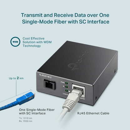 TP-Link TL-FC311B-2 Gigabit RJ45 to 1000Mbps Single-mode SC WDM Bi-Directional Media Fiber Converter Extends Up to 2km, Supports Auto-MDI/MDIX, Half/Full Duplex Wireless Networking