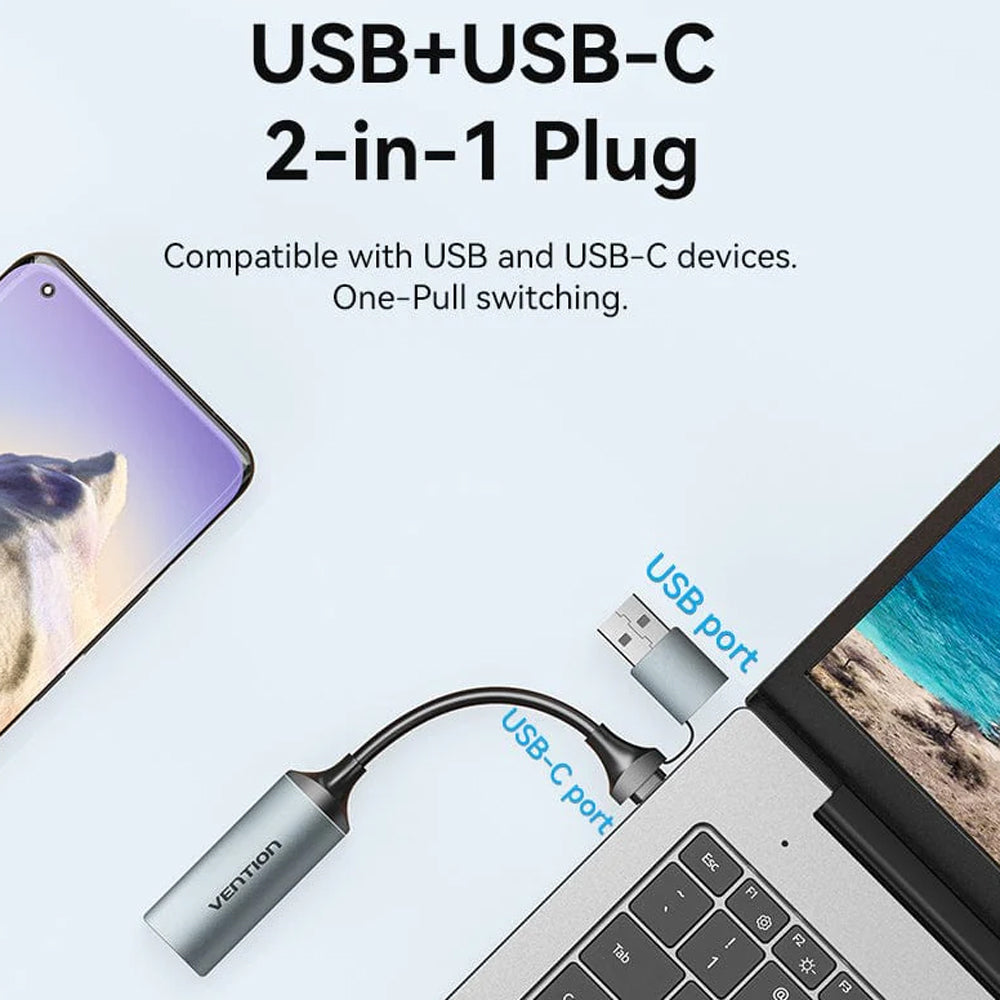 Vention 2-in-1 USB A + Type C to HDMI Video Capture Card for Steaming and Recording with 1080p@60Hz Resolution (Plug & Play) for Windows MacOS Linux Android Computer Laptop PC Mobile Phone Tablet Gaming Console Xbox PS5