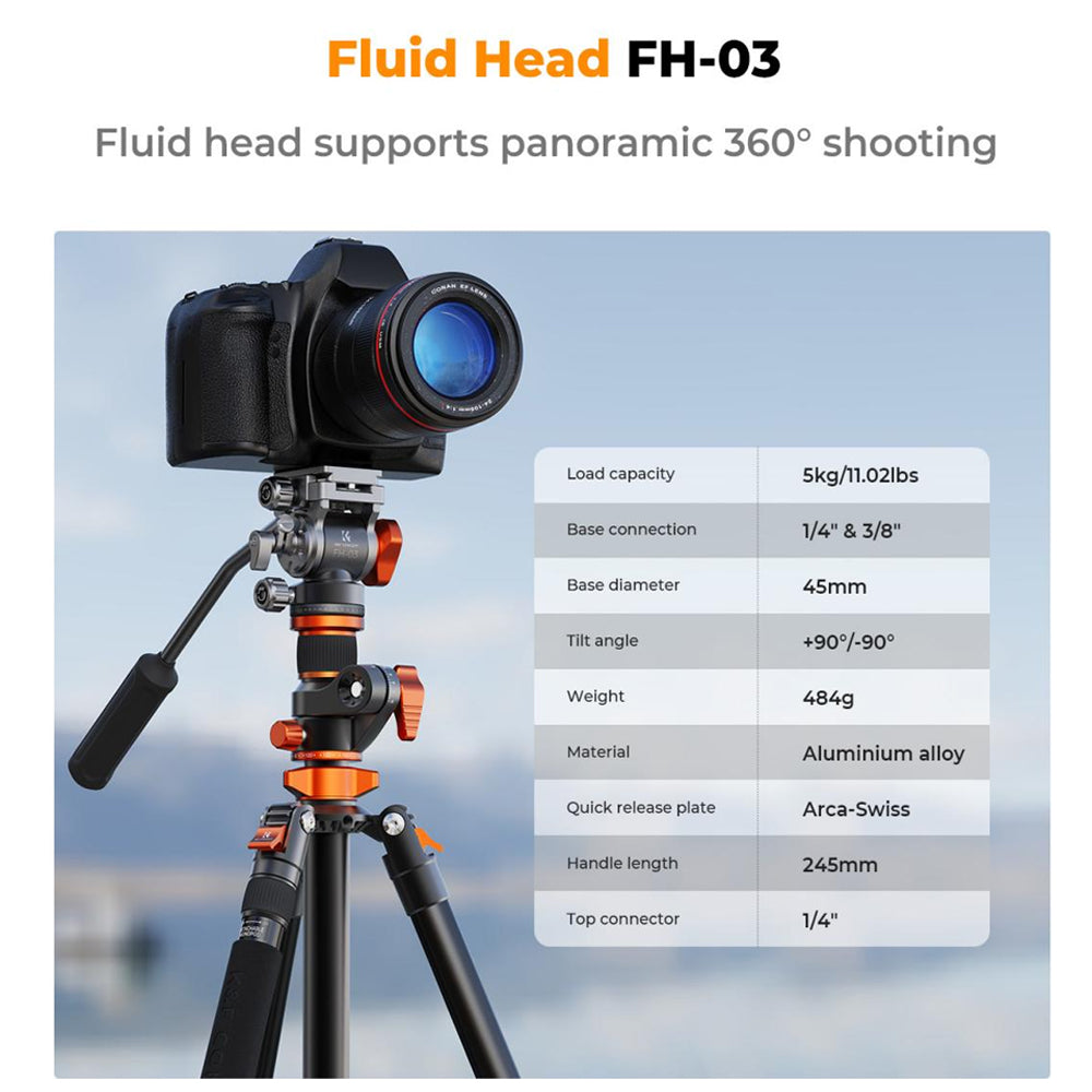 K&F Concept 4-Section 360 Degree Panoramic Fluid Head Video Tripod + Monopod with Max 95" Working Height, 5kg Max Load Capacity and Arca Swiss QR Plate for DSLR Mirrorless Camera | T254A7+FH-03