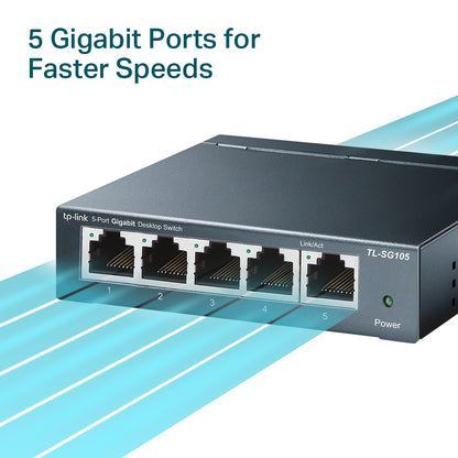 TP-Link TL-SG105 5-Port Gigabit Desktop Switch (Unmanaged) 5x Gigabit 10/100/1000Mbps RJ45 Ethernet Ports, Support  Auto-MDI/MDIX, 802.3X Flow Control, MTU/Port/Tag-based VLAN, QoS, IGMP Snooping, Web/Utility Management